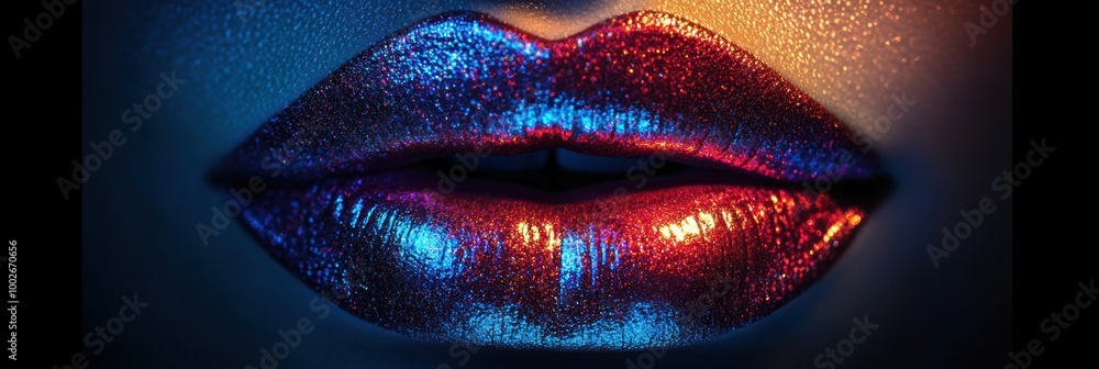 Poster close-up of glossy lips with a vibrant shiny finish highlighting their appeal and texture in a creat