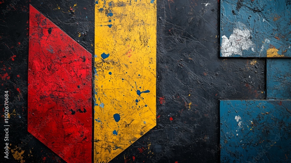 Fototapete a modern, abstract composition of geometric shapes in primary colors on an aged black background, wi