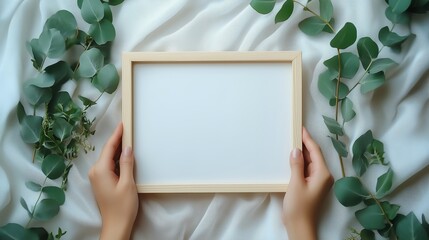 A mockup of hands holding an empty picture frame on top, with white linen fabric and eucalyptus leaves in the background