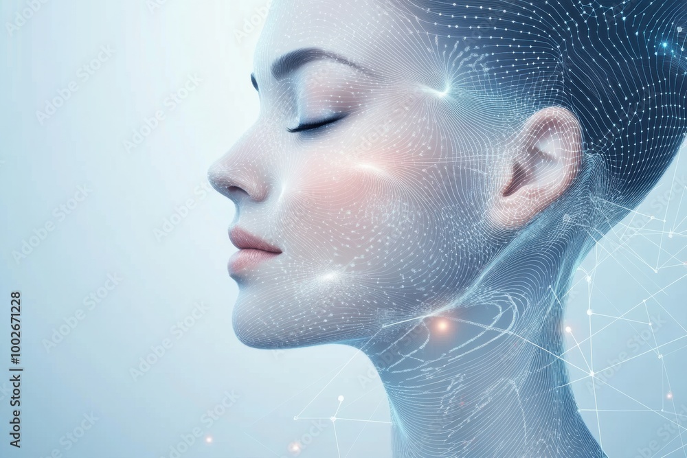 Aufkleber abstract representation of skincare procedures with lines and dots on a serene face profile in a fut