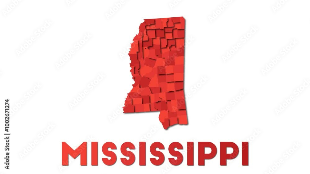 Poster mississippi map showing regions. animated us state map with title. 4k resolution animation.