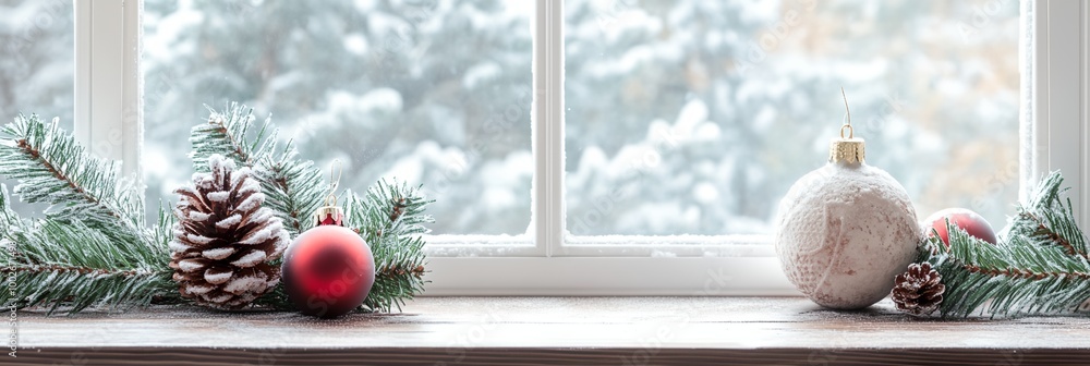 Poster a window sill with a white ball and red balls on it. the white ball is surrounded by the red balls, 