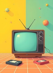 1980s Japanese anime for video use, symbolizing classic TV series. The scene includes a retro TV with an antenna, a few VHS cassettes, and a simple grid pattern with neon accents.