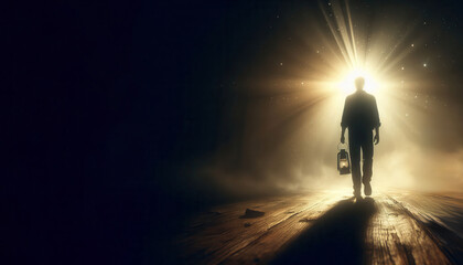 A man walking from darkness to light with an old lantern in his hand