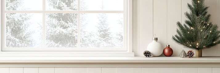 A Christmas tree sits on a shelf next to a window. The tree is decorated with lights and a glass ball. The window is covered in snow, giving the scene a cozy and festive atmosphere
