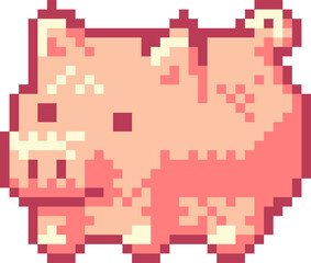 Pixelated illustration of pink pig. Farm barn pig animal in pixel art style for games and icon for website.
