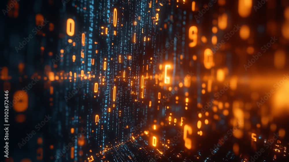 Fototapete digital binary code background with glowing numbers and data streams floating in the air, symbolizin