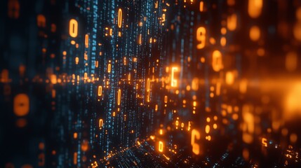 Digital binary code background with glowing numbers and data streams floating in the air, symbolizing advanced technology and information exchange. High-tech digital concept.
