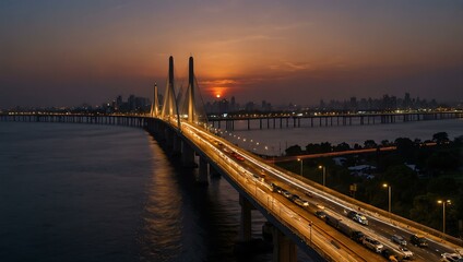 Fototapeta premium Wide-angle shot of Mumbai’s Bandra Worli Sea Link during sunset.