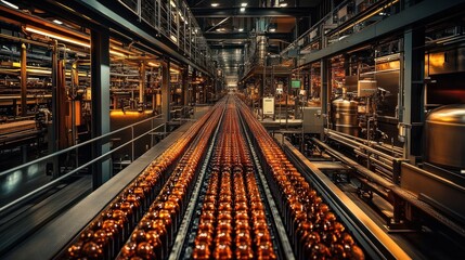 Fototapeta premium A production line filled with bottles in a large industrial facility.