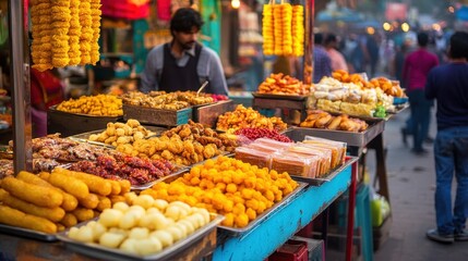 A colorful Indian street food stall, with a variety of snacks and sweets on display, attracting a bustling crowd.