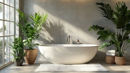 Modern Bathroom Interior with Bathtub and Plants