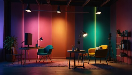 Vibrant and lively studio setup for podcasts with colorful lighting and comfortable seating, creating an energetic vibe