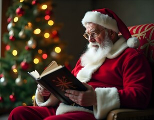 Santa reading a book. He is wearing a red suit and white beard. The book is open