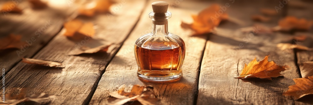 Poster A close-up view of a whiskey bottle resting on rustic wooden planks surrounded by autumn leaves in warm sunlight. Generative AI