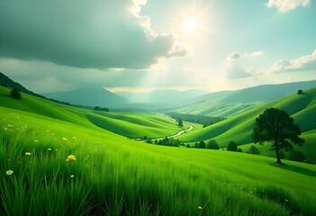 Obraz premium A large field of green grass with a tree in the middle. The sky is cloudy and the sun is shining