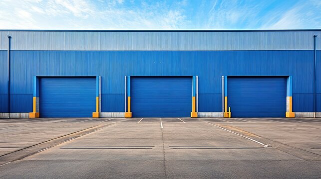 Large blue warehouse with symmetrical design, three garage doors in a row, and a spacious concrete parking lot.