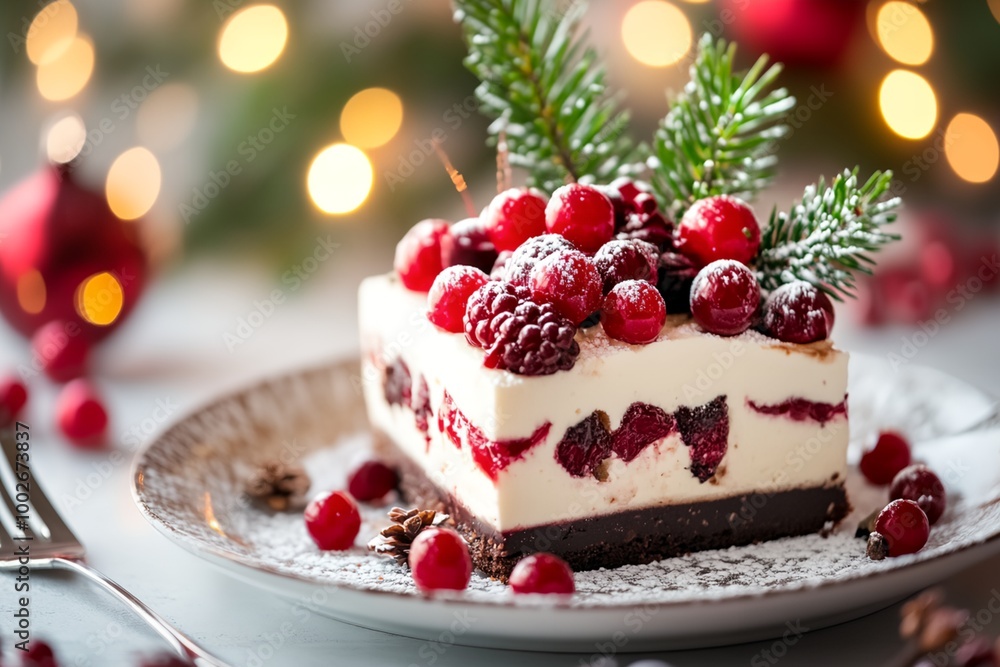 Poster a slice of cake with berries on top of it. the berries are red and the cake is white. the plate is o