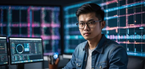Young Asian IT developer looking online information on pc for beautiful pose with coding program data of website application, wearing jeans shirt. surround by safety analysis two screens