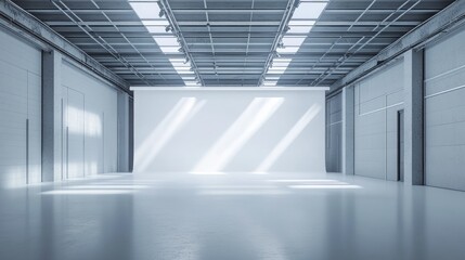 Fototapeta premium Large white cyclorama wall in a vacant photo studio, with multiple softbox flashes on monoblocks ready for a professional shoot.
