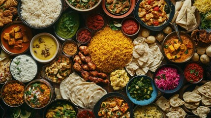 A colorful spread of Indian dishes like biryani, chicken tikka, dal, and palak paneer, beautifully arranged in a food collage.