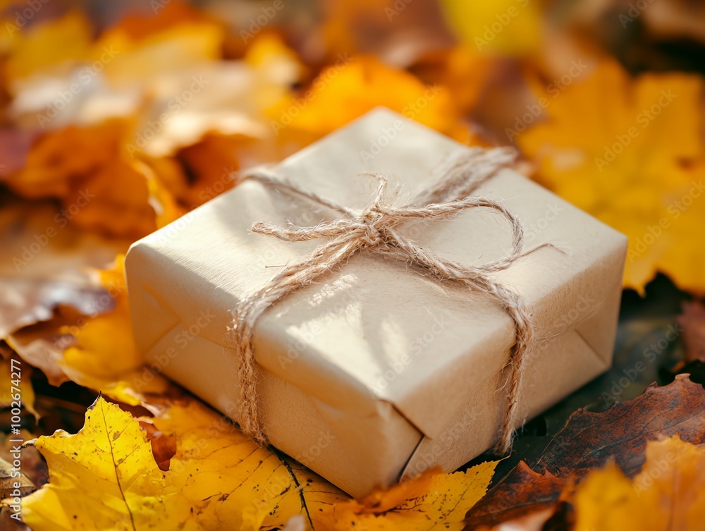 Poster a brown box with a string tied around it is sitting on top of a pile of yellow leaves