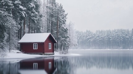 A tranquil winter landscape featuring a red cabin by a still lake surrounded by evergreen trees in a snowy setting
