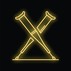 Glowing neon icon of crutches standing crossed on horizontal surface