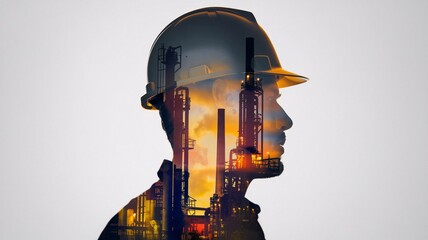 Double Exposure Silhouette of a Man in a Hard Hat Against an Industrial Background Factory Structures with Warm Orange Glow Contrasting the Dark Silhouette, Suggesting Sunrise or Sunset