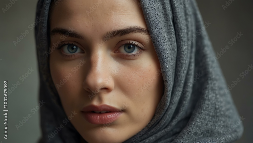 Wall mural woman in a gray headscarf, close-up portrait.