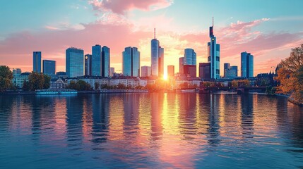 Fototapeta premium Modern city skyline reflecting in water during sunset with vibrant colors