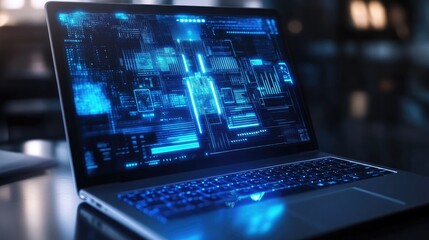 Modern laptop showing advanced digital technology interface with blue glowing holographic designs.