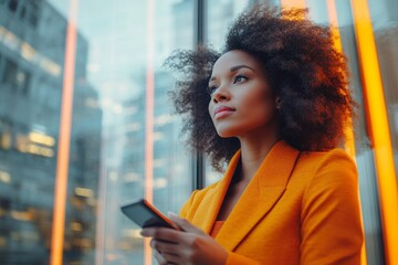A dazzling African-American woman entrepreneur with a cellphone in her hands is standing next to a panoramic window of a modern office skyscraper with orange lines and pensively looking, Generative AI