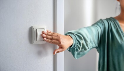 Person turning off light switch at home, white isolate background