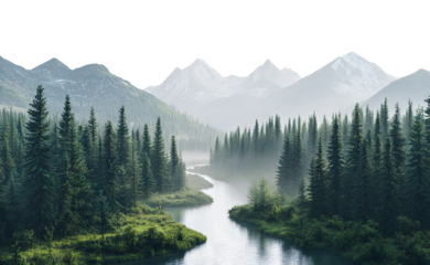 Peaceful mountain landscape with a river flowing through a dense forest, isolated on transparent cutout background