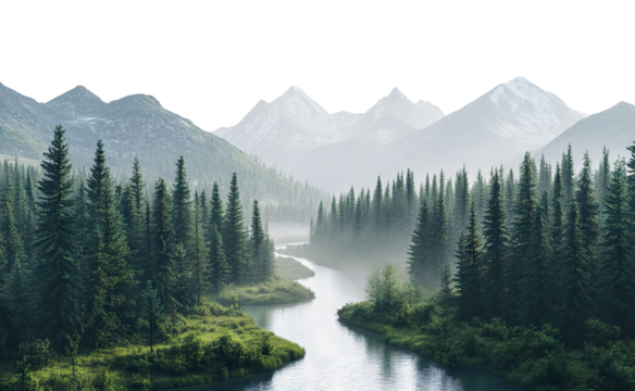 Peaceful mountain landscape with a river flowing through a dense forest, isolated on transparent cutout background