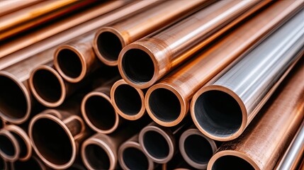 Steel pipes of various sizes are neatly stacked in a warehouse, ready for use in metal production and industrial construction projects. The tubes showcase a smooth, textured finish