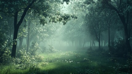 Obraz premium A foggy forest scene in the early morning, with diffused light creating a gentle glow