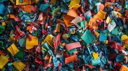 Pile of shredded plastic scraps in different colors, ready for recycling, with a chaotic mix of shapes and materials.