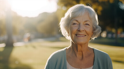 Portrait of a happy senior woman in a park, smiling and looking at the camera.