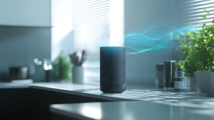 Smart speaker emitting blue sound waves on a bright kitchen counter, surrounded by plants and modern interior design elements