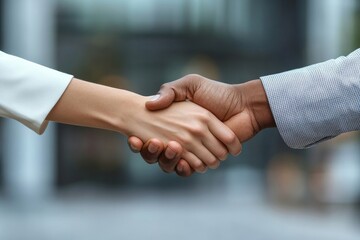 Multiethnic coworkers greeting each other near office building. Closeup of business man and woman shaking hands outside. Teamwork concept, Generative AI