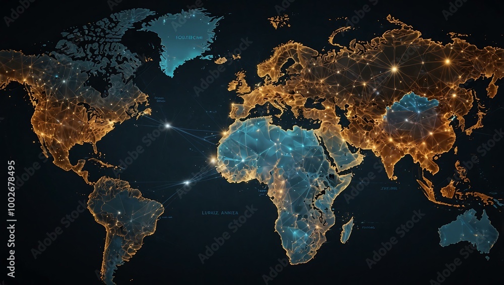 Poster world map showing global connectivity with digital lines.