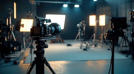 Professional-grade cameras and lighting setups inside a modern video recording studio, with equipment positioned for a film shoot.