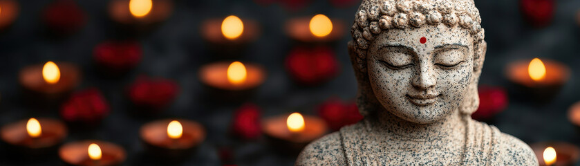 Fototapeta premium serene stone statue of Buddha surrounded by glowing diyas and rose petals creates peaceful atmosphere. warm light enhances spiritual ambiance, inviting tranquility and reflection