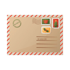 Christmas envelope with stamps. Letter for Santa Claus. Isolated illustration for card, postcard, cover. EPS 10