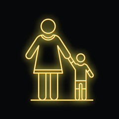 Neon glowing icon of a mother holding her son hand