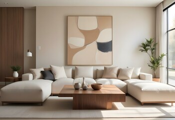 A modern and minimalist living room with a large beige sectional sofa, a wooden coffee table, and a large abstract artwork on the wall.