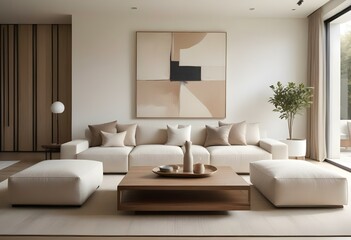 A modern and minimalist living room with a large beige sectional sofa, a wooden coffee table, and a large abstract artwork on the wall.