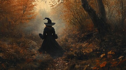 Fototapeta premium Enchanting portrayal of a witch on Halloween. A spellbinding young woman in a witch's hat performs mysterious incantations, conjuring amidst an eerie forest background